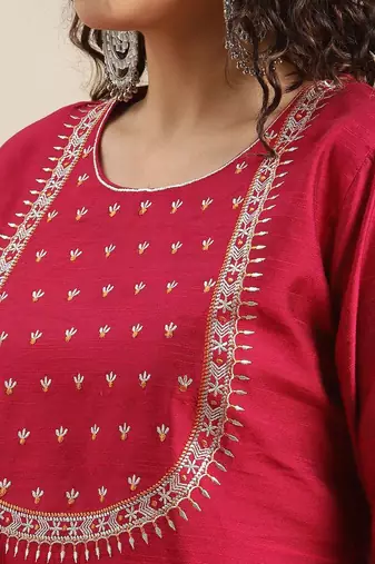 Ethnic Motifs Maroon Yoke Design Thread Work Kurta with Trousers & With Dupatta