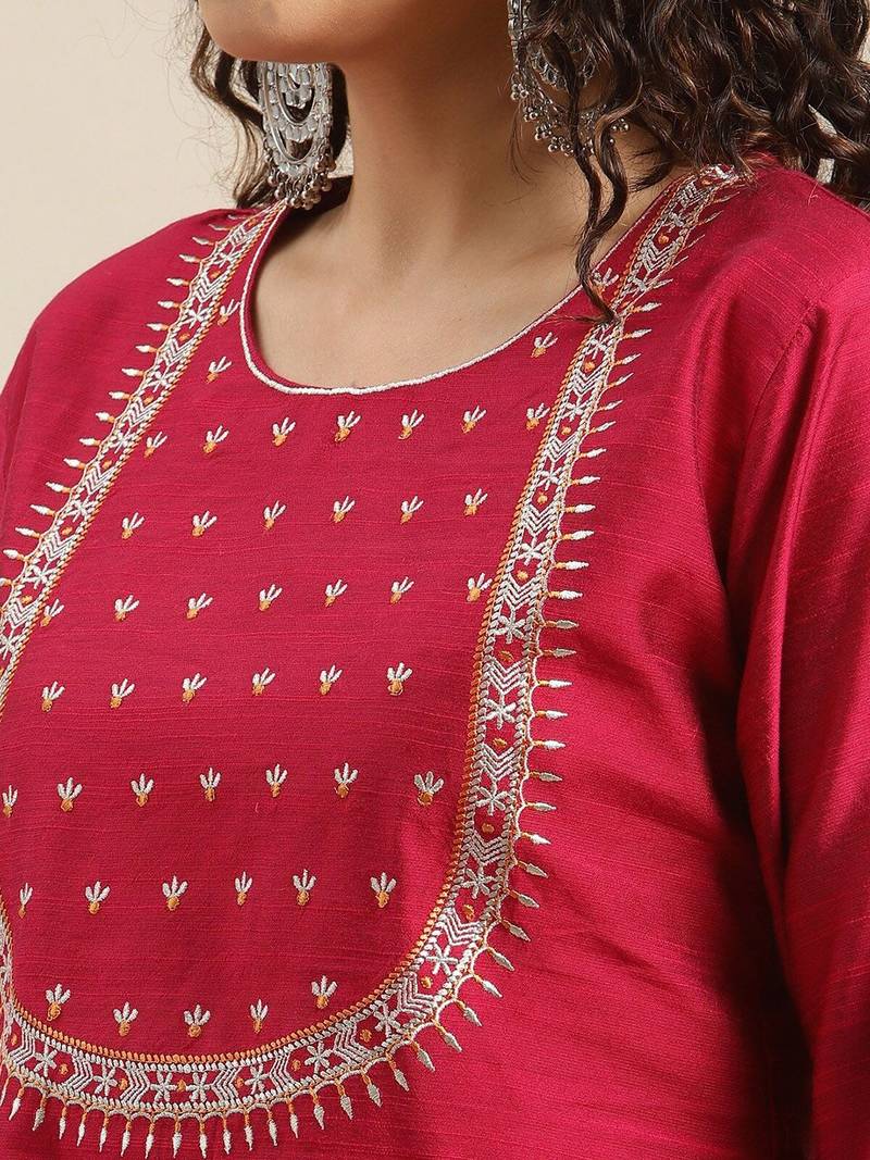 Ethnic Motifs Maroon Yoke Design Thread Work Kurta with Trousers & With Dupatta