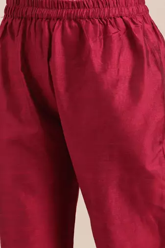 Ethnic Motifs Maroon Yoke Design Thread Work Kurta with Trousers & With Dupatta