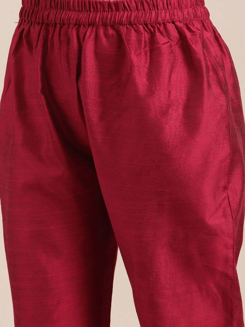 Ethnic Motifs Maroon Yoke Design Thread Work Kurta with Trousers & With Dupatta