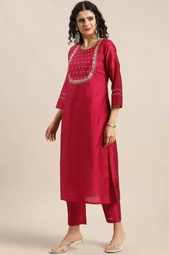 Ethnic Motifs Maroon Yoke Design Thread Work Kurta with Trousers & With Dupatta