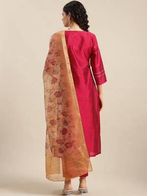 Ethnic Motifs Maroon Yoke Design Thread Work Kurta with Trousers & With Dupatta 6