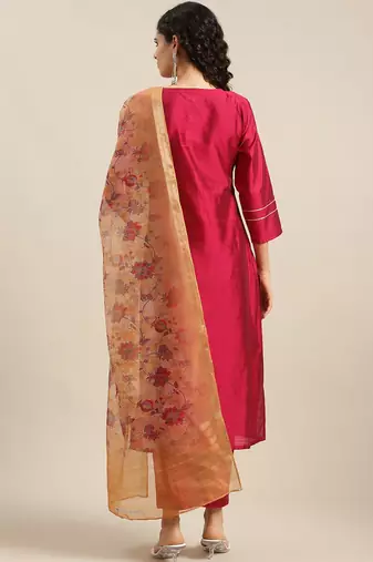 Ethnic Motifs Maroon Yoke Design Thread Work Kurta with Trousers & With Dupatta