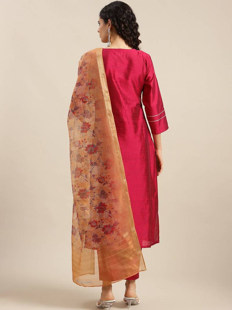 Ethnic Motifs Maroon Yoke Design Thread Work Kurta with Trousers & With Dupatta