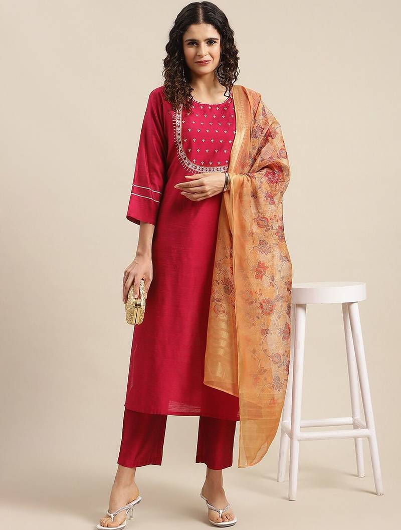 Ethnic Motifs Maroon Yoke Design Thread Work Kurta with Trousers & With Dupatta