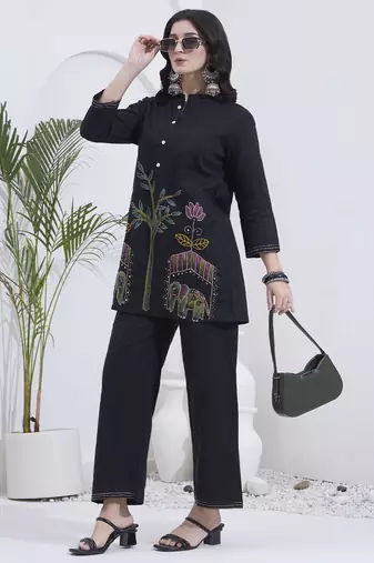 black mal cotton kantha work co ord set
