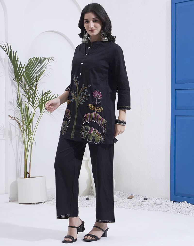 black mal cotton kantha work co ord set