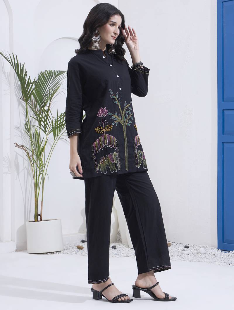 black mal cotton kantha work co ord set