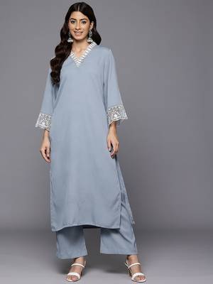 Women Floral Embroidered Regular Thread Work Silk Crepe Kurta with Palazzos 1