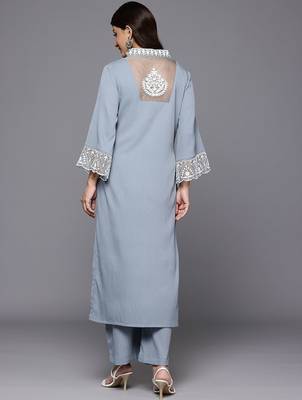 Women Floral Embroidered Regular Thread Work Silk Crepe Kurta with Palazzos 6