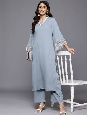 Women Floral Embroidered Regular Thread Work Silk Crepe Kurta with Palazzos 7