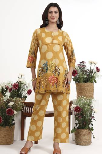 Yufta mustard polka dot printed cotton co-ord set