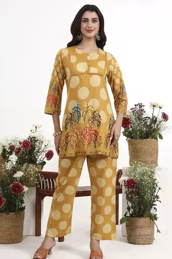 Yufta mustard polka dot printed cotton co-ord set