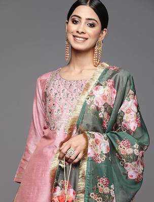Floral Yoke Design Sequinned Dupion Silk Straight Kurta with Trouser & Dupatta 2