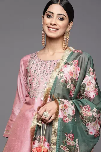 Floral Yoke Design Sequinned Dupion Silk Straight Kurta with Trouser & Dupatta