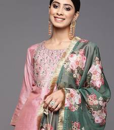 Floral Yoke Design Sequinned Dupion Silk Straight Kurta with Trouser & Dupatta