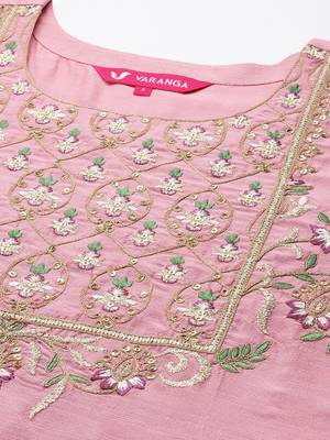 Floral Yoke Design Sequinned Dupion Silk Straight Kurta with Trouser & Dupatta 3
