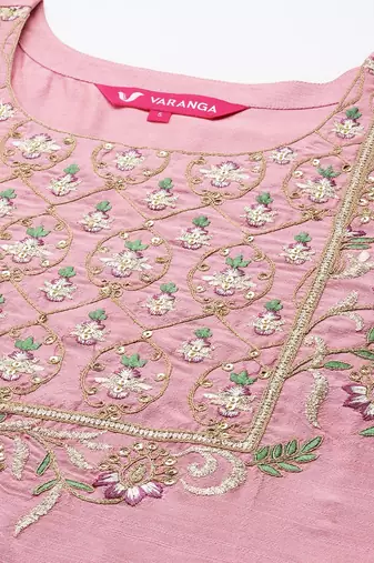 Floral Yoke Design Sequinned Dupion Silk Straight Kurta with Trouser & Dupatta