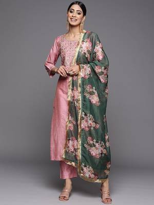 Floral Yoke Design Sequinned Dupion Silk Straight Kurta with Trouser & Dupatta 1