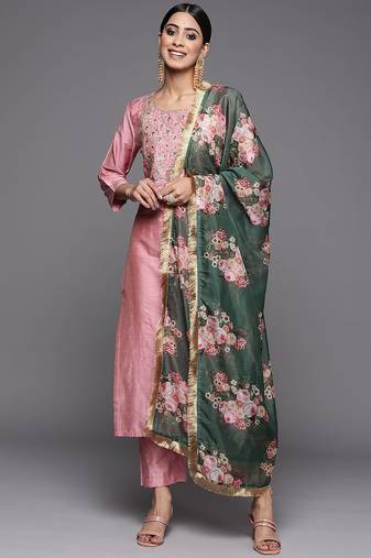 Floral Yoke Design Sequinned Dupion Silk Straight Kurta with Trouser & Dupatta