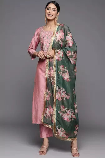 Floral Yoke Design Sequinned Dupion Silk Straight Kurta with Trouser & Dupatta