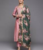 Floral Yoke Design Sequinned Dupion Silk Straight Kurta with Trouser & Dupatta