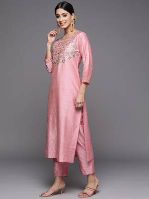 Floral Yoke Design Sequinned Dupion Silk Straight Kurta with Trouser & Dupatta 6