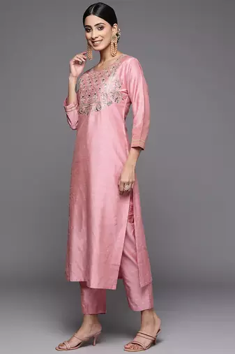 Floral Yoke Design Sequinned Dupion Silk Straight Kurta with Trouser & Dupatta