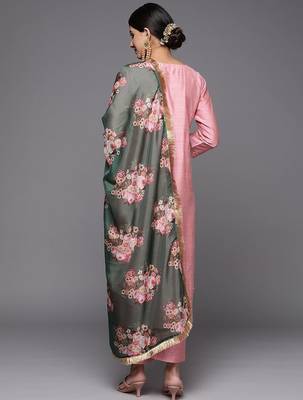 Floral Yoke Design Sequinned Dupion Silk Straight Kurta with Trouser & Dupatta 7