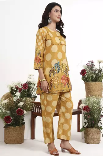 Yufta mustard polka dot printed cotton co-ord set