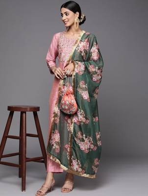Floral Yoke Design Sequinned Dupion Silk Straight Kurta with Trouser & Dupatta 8