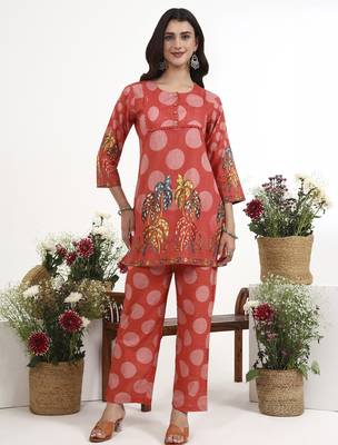 maroon polka dot printed cotton co-ord set 1