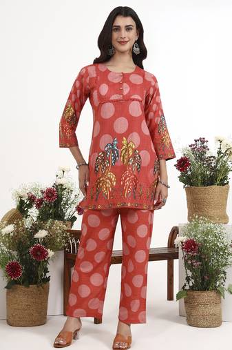 maroon polka dot printed cotton co-ord set
