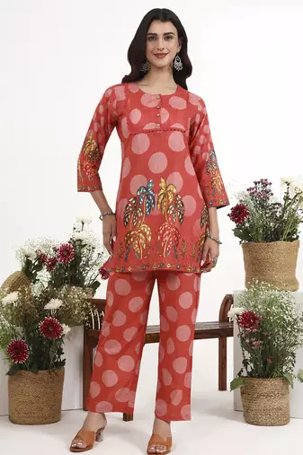 maroon polka dot printed cotton co-ord set