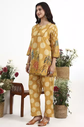 Yufta mustard polka dot printed cotton co-ord set