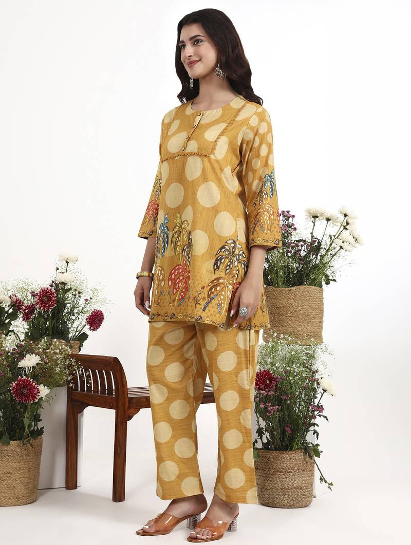 Yufta mustard polka dot printed cotton co-ord set