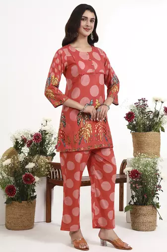 maroon polka dot printed cotton co-ord set
