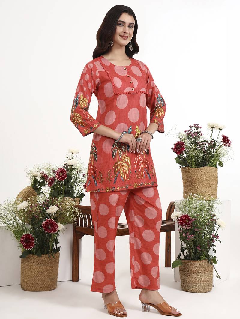 maroon polka dot printed cotton co-ord set