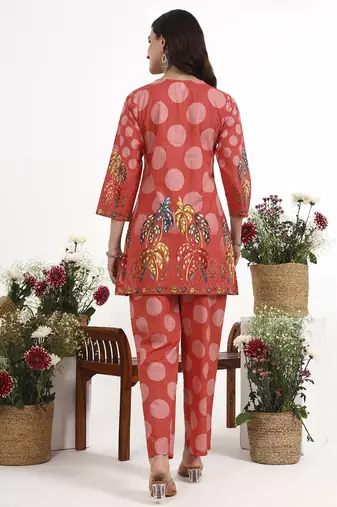 maroon polka dot printed cotton co-ord set