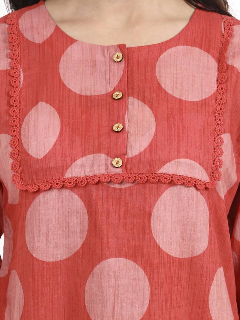 maroon polka dot printed cotton co-ord set