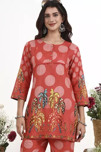 maroon polka dot printed cotton co-ord set