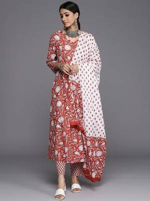 Women Red Ethnic Motifs Printed Pure Cotton Kurta with Trousers & Dupatta 1