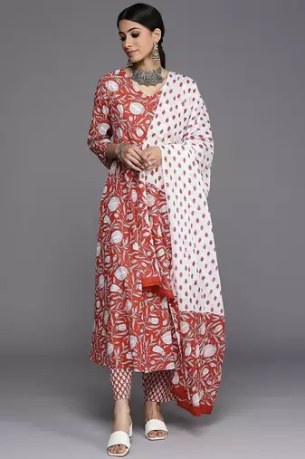 Women Red Ethnic Motifs Printed Pure Cotton Kurta with Trousers & Dupatta