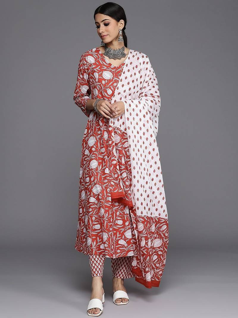 Women Red Ethnic Motifs Printed Pure Cotton Kurta with Trousers & Dupatta