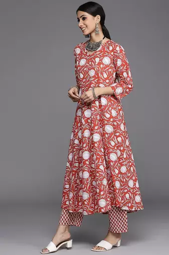 Women Red Ethnic Motifs Printed Pure Cotton Kurta with Trousers & Dupatta