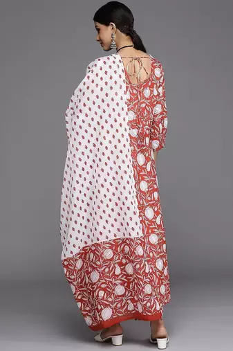 Women Red Ethnic Motifs Printed Pure Cotton Kurta with Trousers & Dupatta