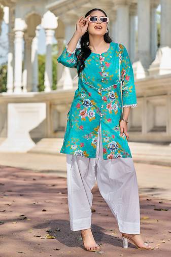 teal floral print this tunic salwar co-ord set