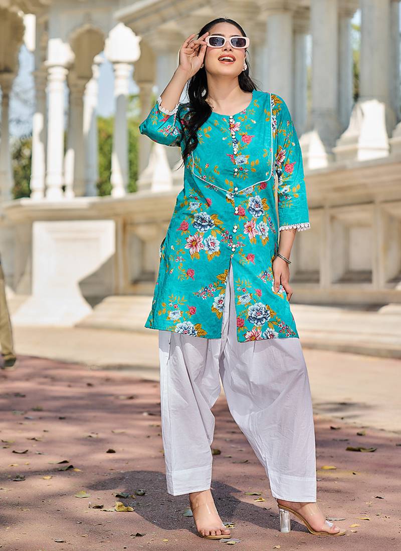 teal floral print this tunic salwar co-ord set