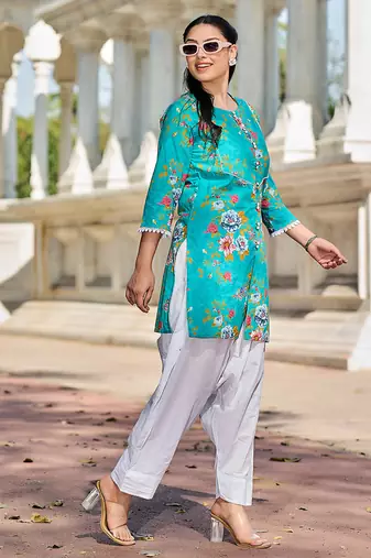 teal floral print this tunic salwar co-ord set