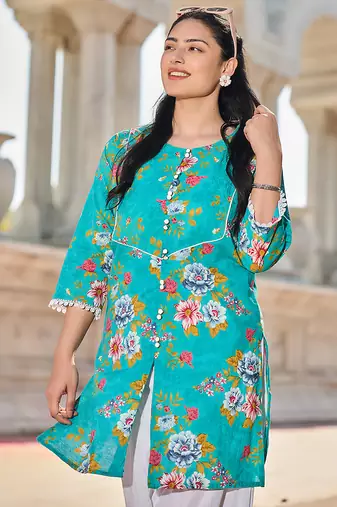teal floral print this tunic salwar co-ord set